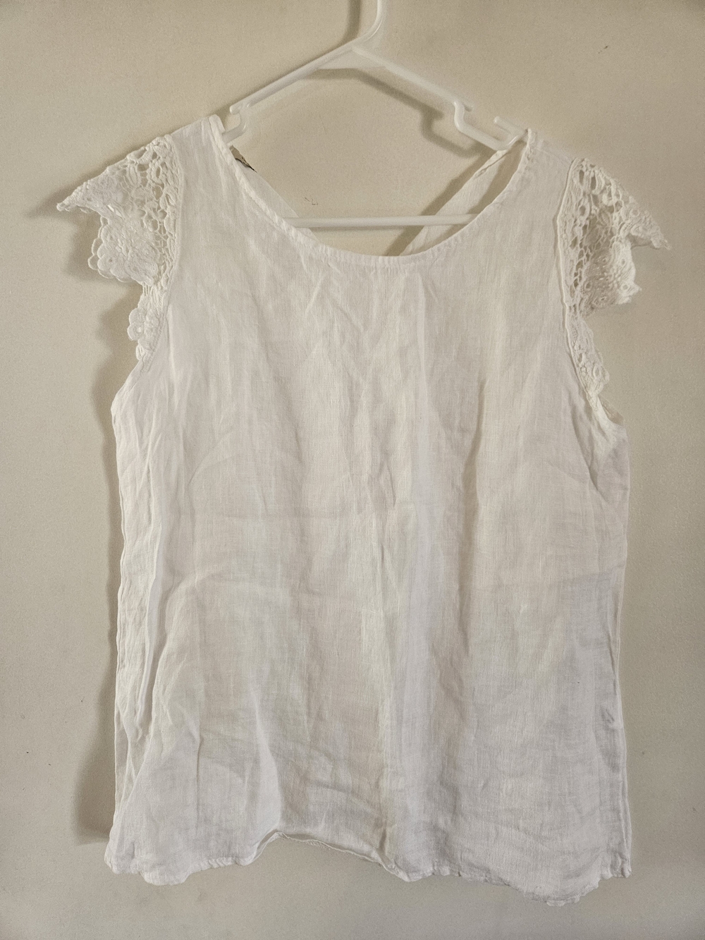 White Viola Borghi 100% Linen  Lace-Trim Sleeveless Chemise Top M